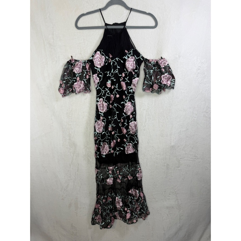 IORANE Floral Embroidered Mesh Dress Women Size S Black Pink Cold Shoulder Halt